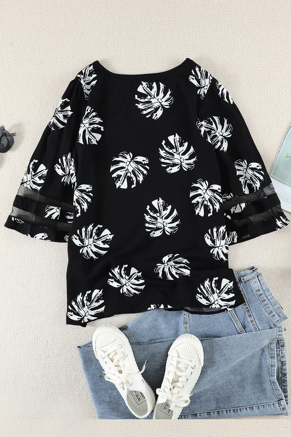 Botanical Print V-Neck Puff Sleeve Blouse