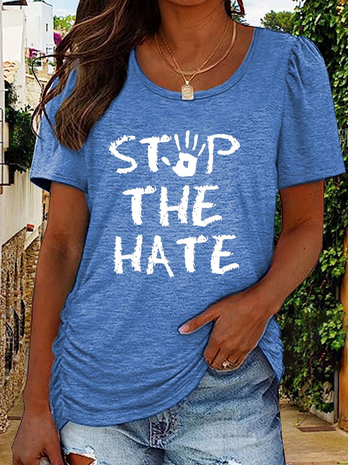 Round Neck Short Sleeve STOP THE HATE Graphic T-Shirt