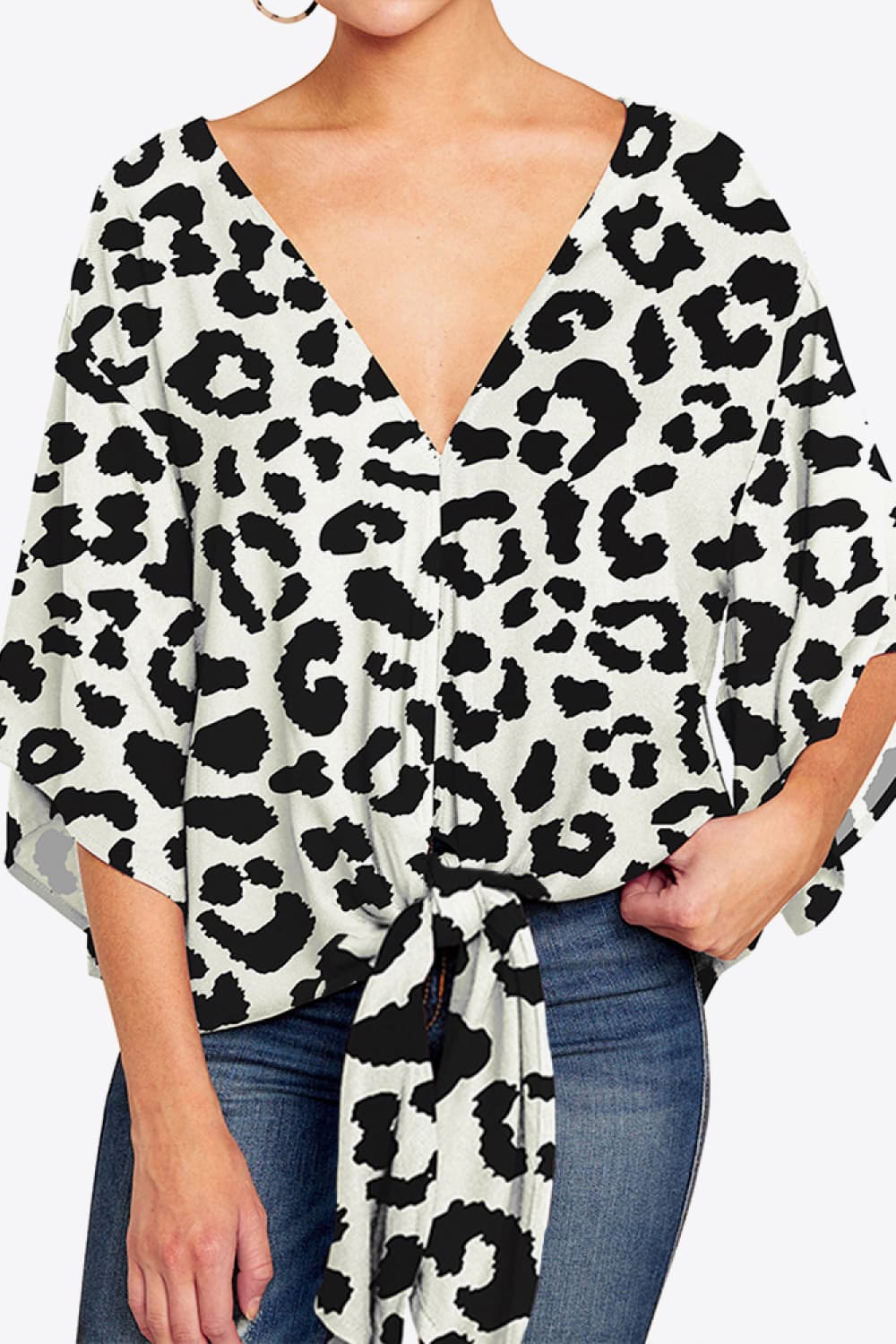 Printed Deep V Tie Hem Blouse