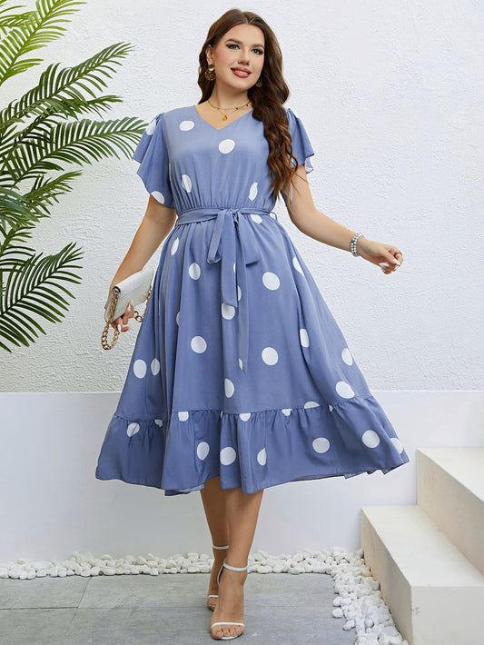 Polka Dot Belted Flutter Sleeve Ruffle Hem Dress