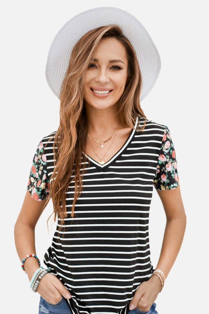 Floral Sleeves Striped T-shirt