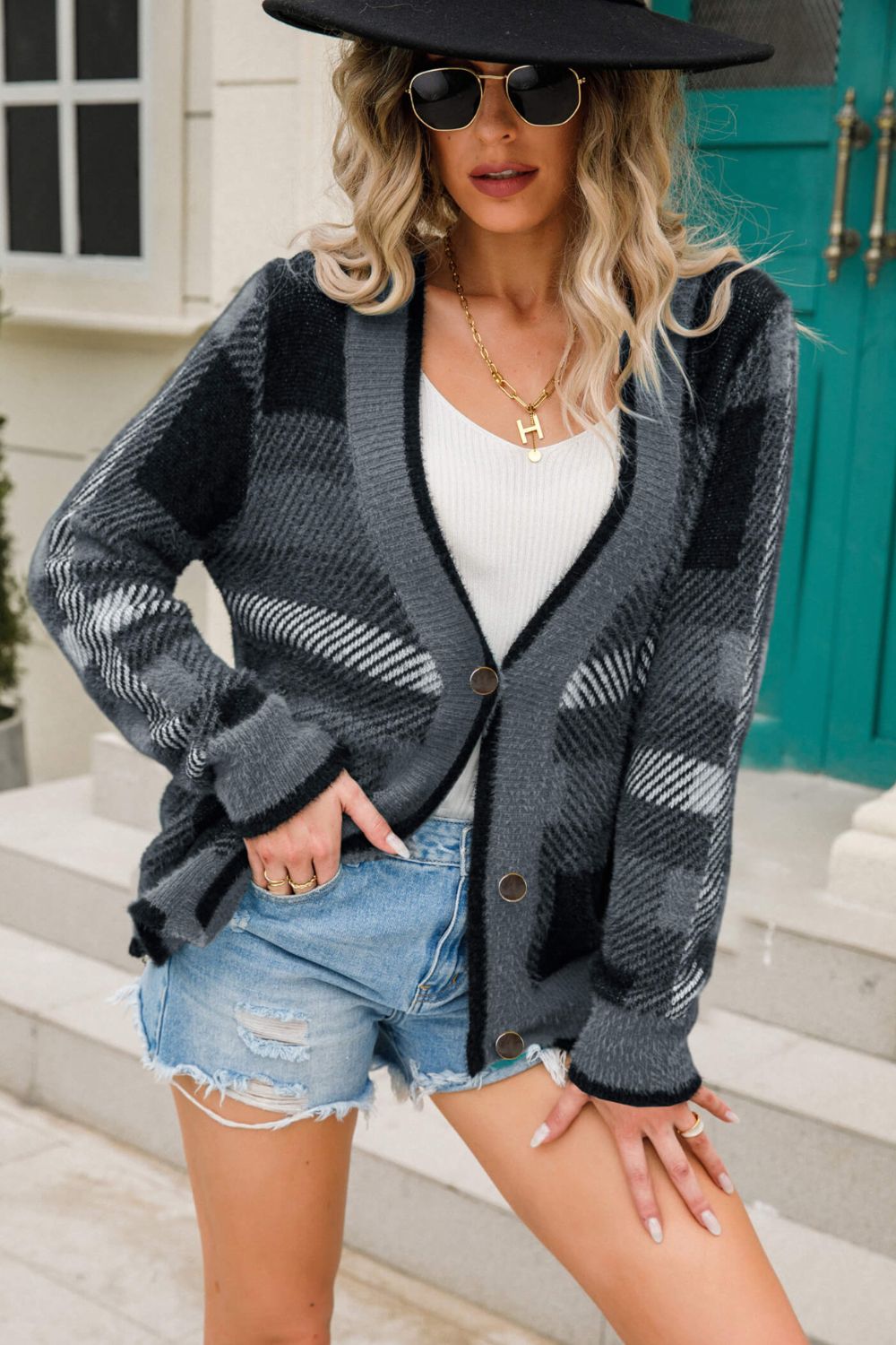 Striped Button-Front Fuzzy Cardigan