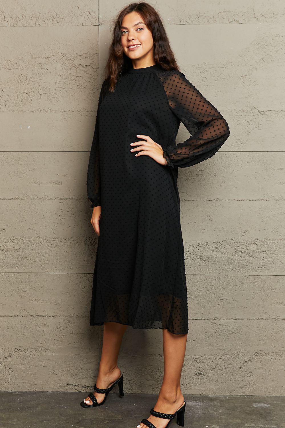 Round Neck Long Sleeve Midi Dress