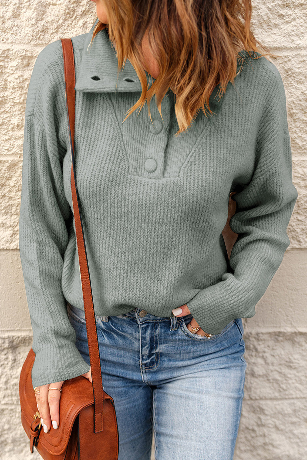 Double Take Half Button Dropped Shoulder Ribbed Sweater