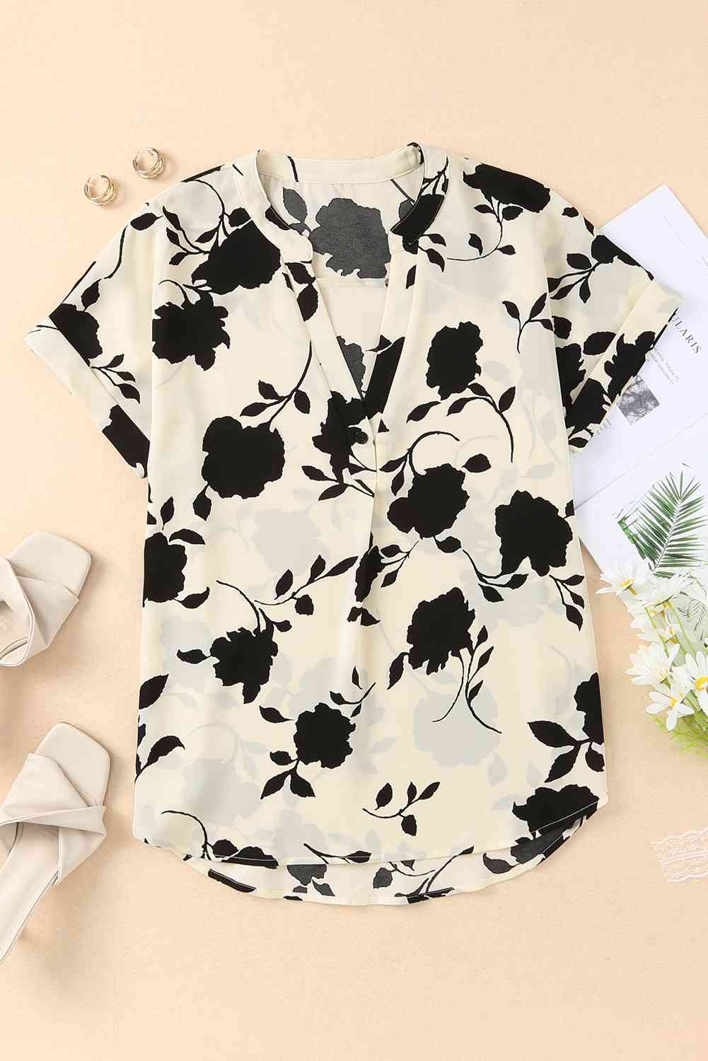 Floral Notched Neck Cuffed Short Sleeve Blouse