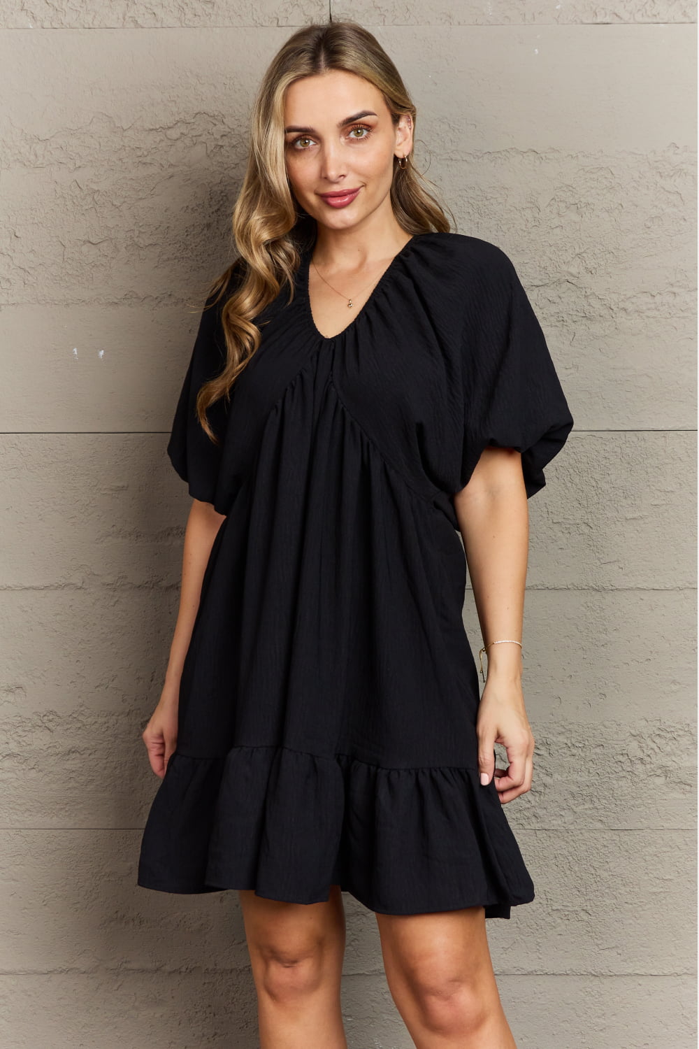 Hailey & Co Comfort Cutie Double V-Neck Puff Sleeve Mini Dress