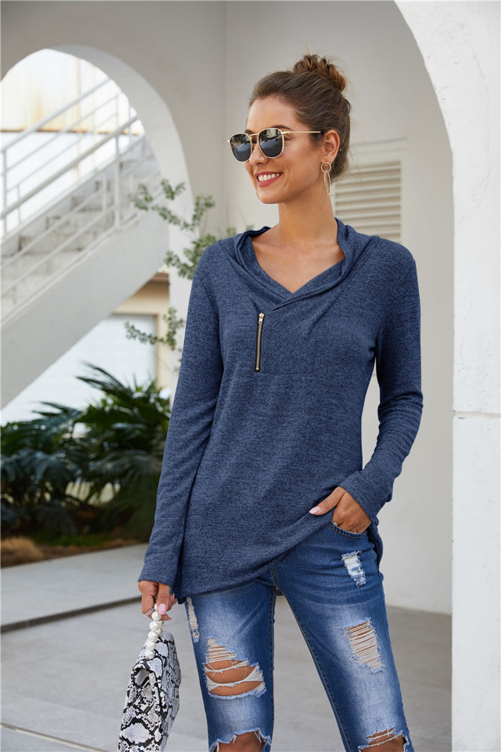 Zip Detail Long Sleeve Top