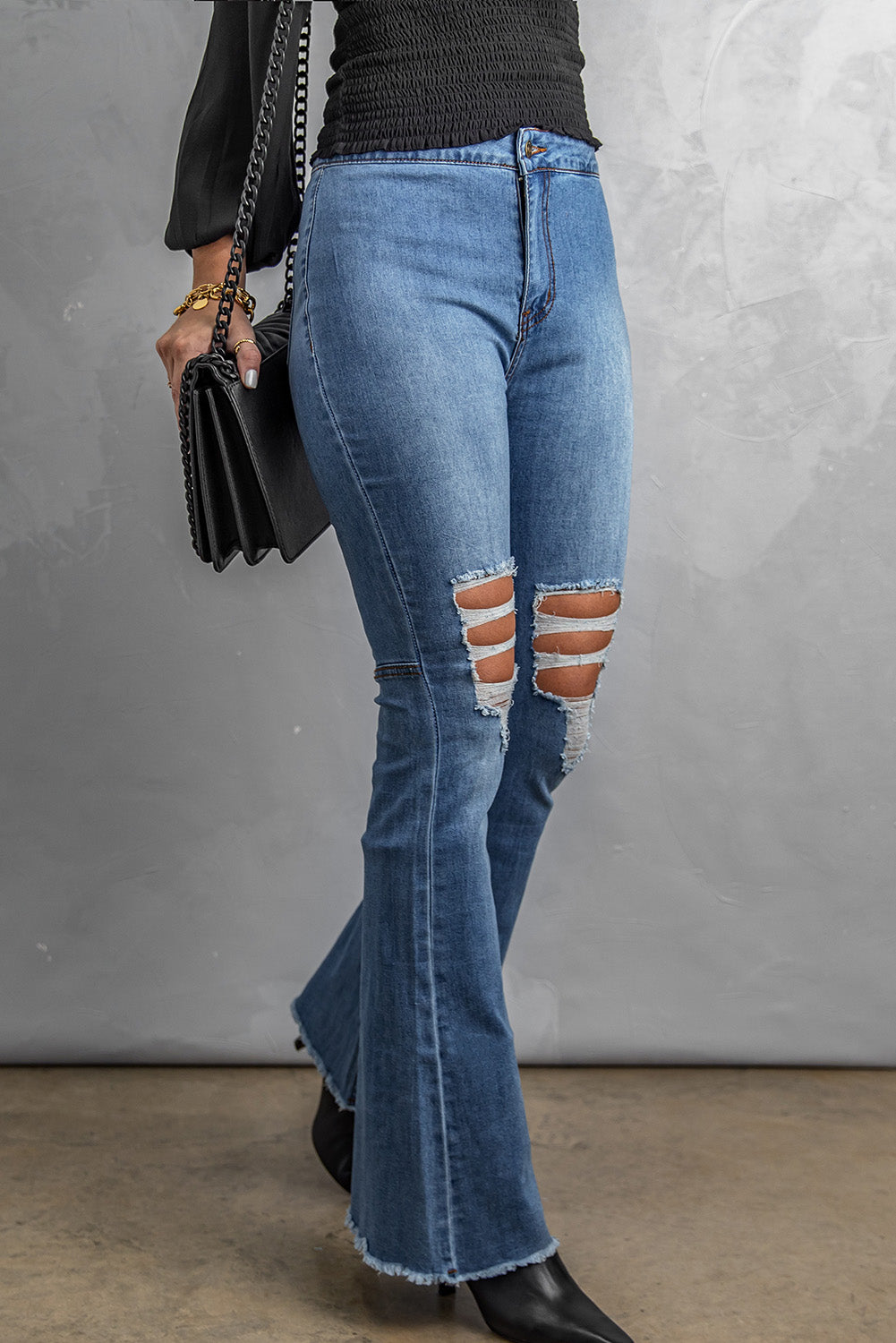 Baeful Distressed Raw Hem High-Waist Flare Jeans