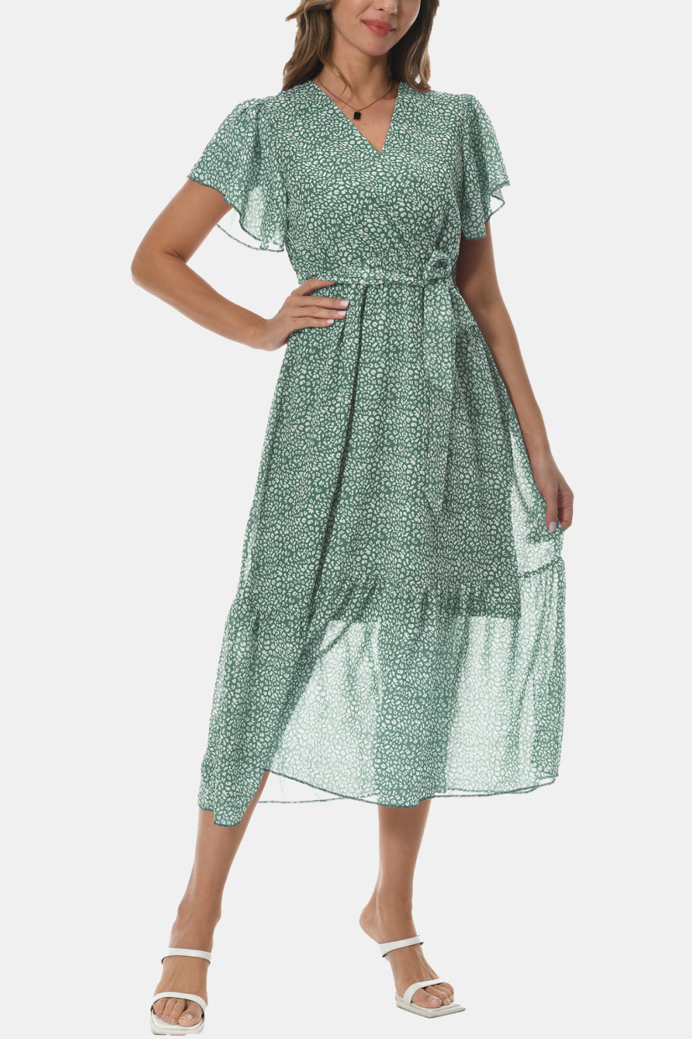 Surplice Neck Flutter Sleeve Tied Dress