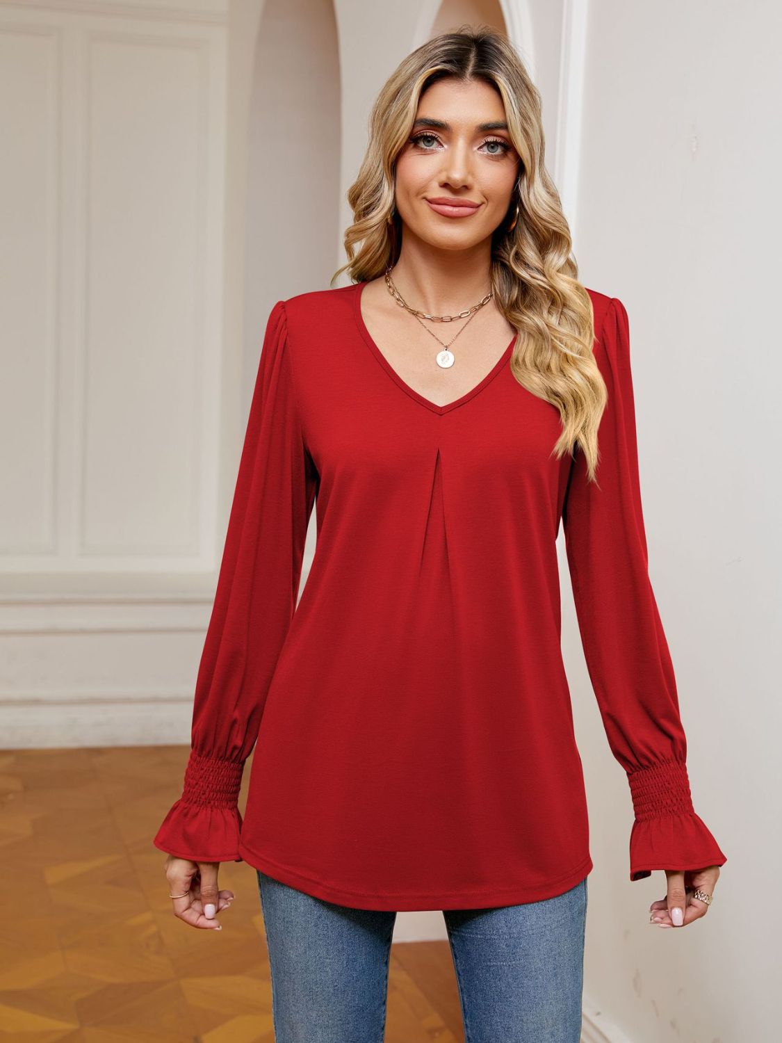 V-Neck Flounce Sleeve Blouse