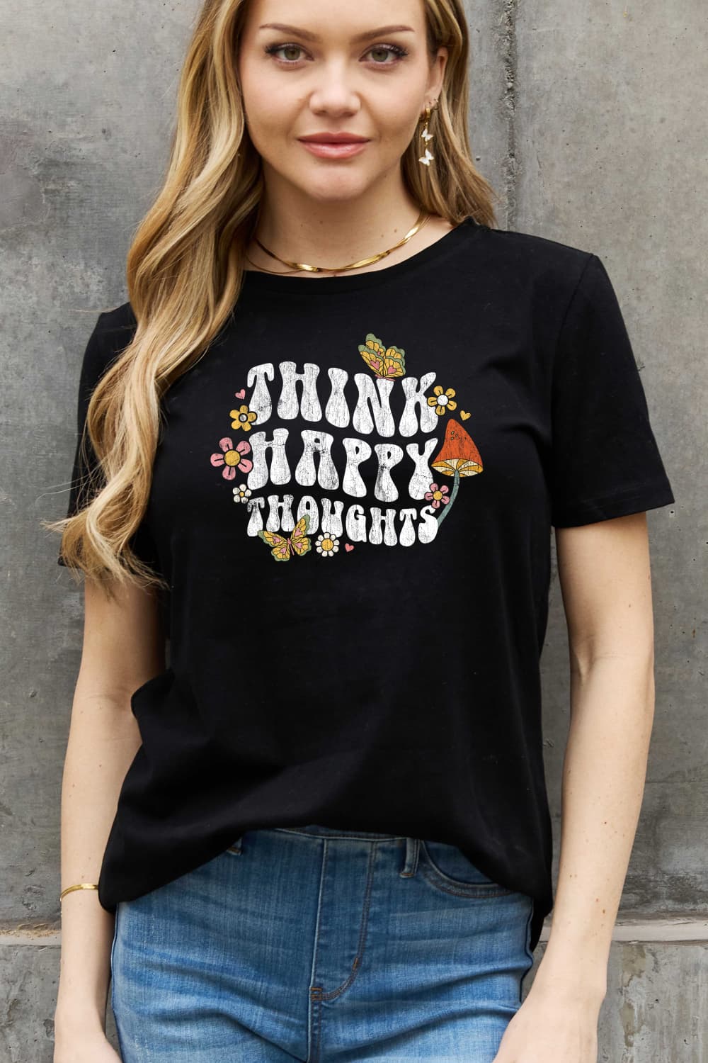 Simply Love Full Size THINK HAPPY THOUGHTS Graphic Cotton Tee