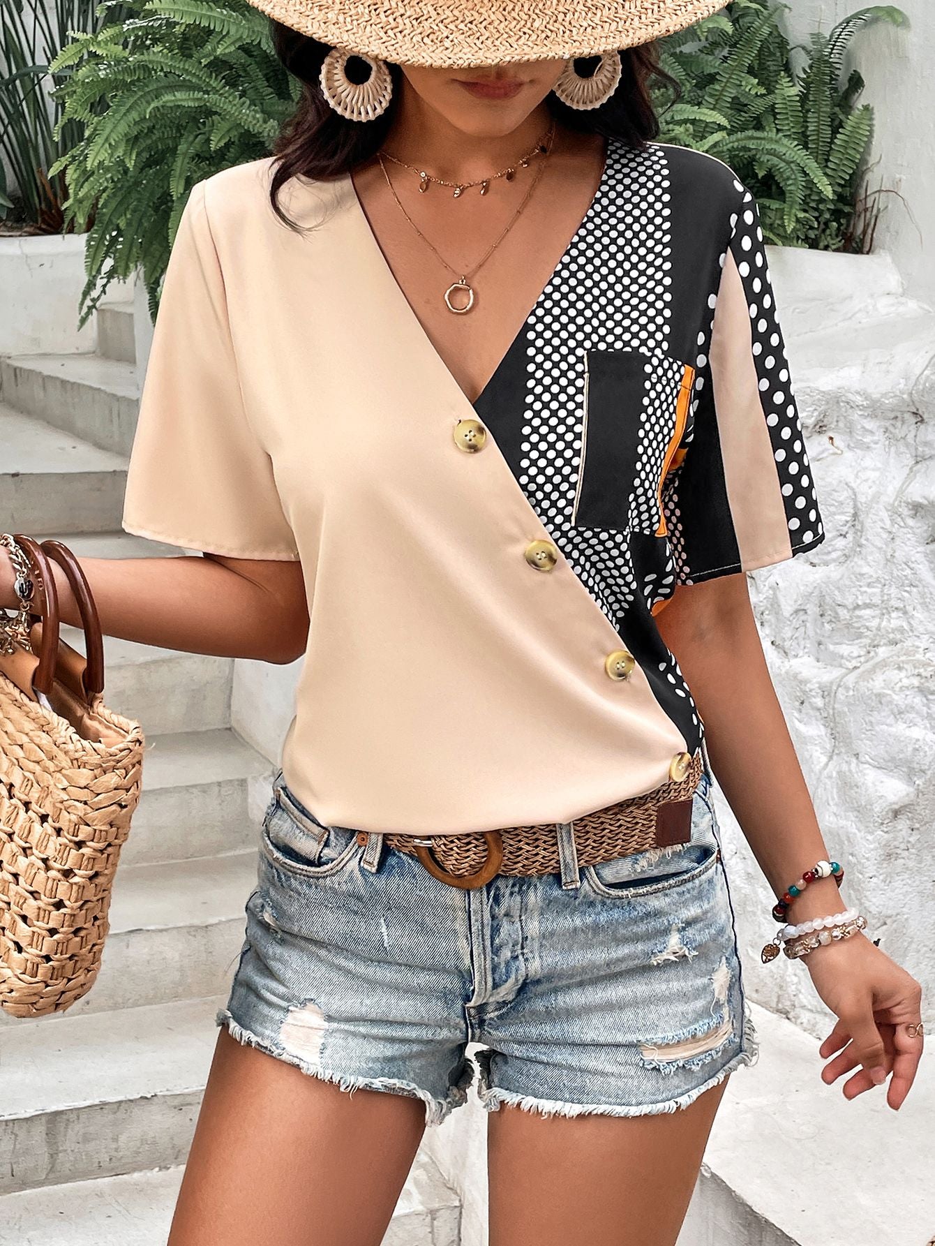 Plunge Flutter Sleeve Blouse with Pocket