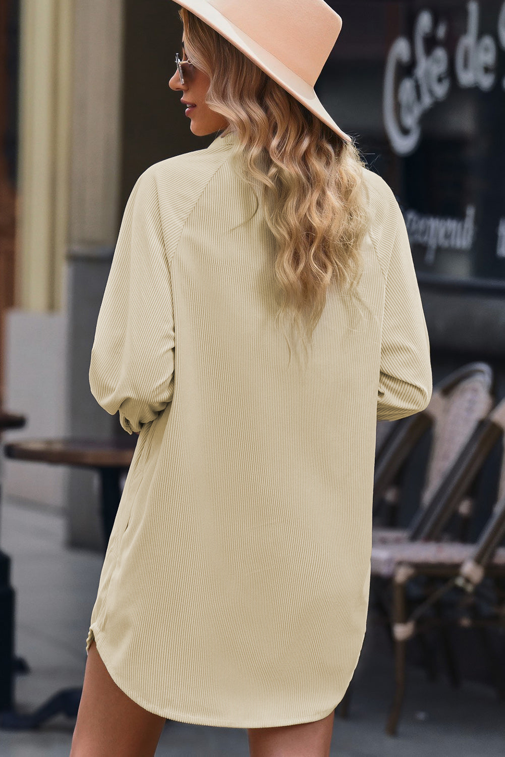 Button Front Curved Hem Raglan Sleeve Shirt Dress