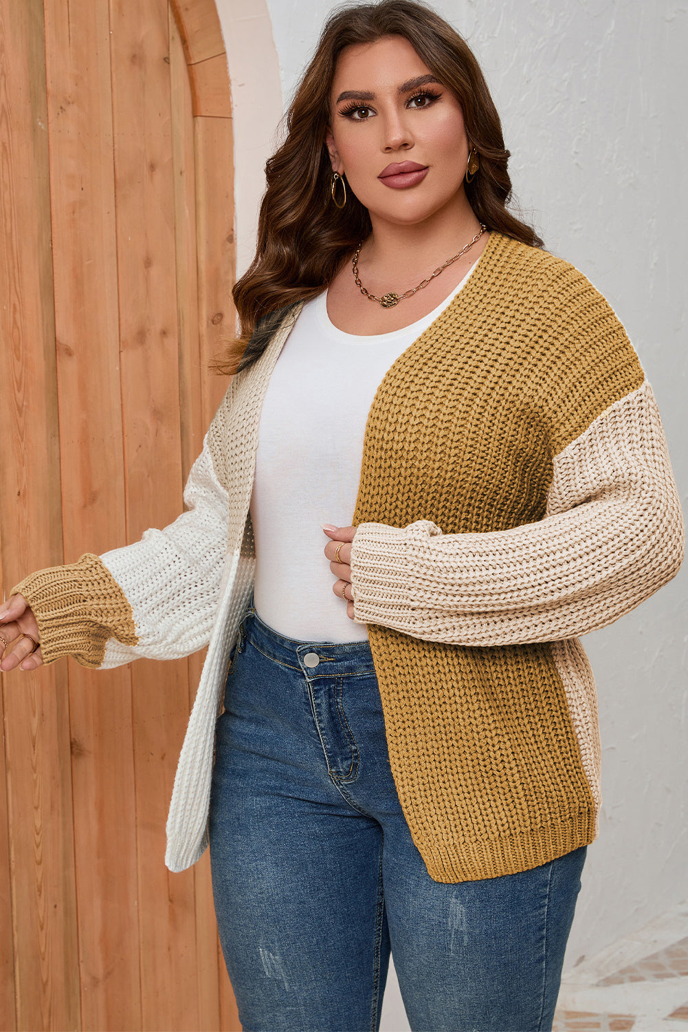 Plus Size Color Block Dropped Shoulder Cardigan