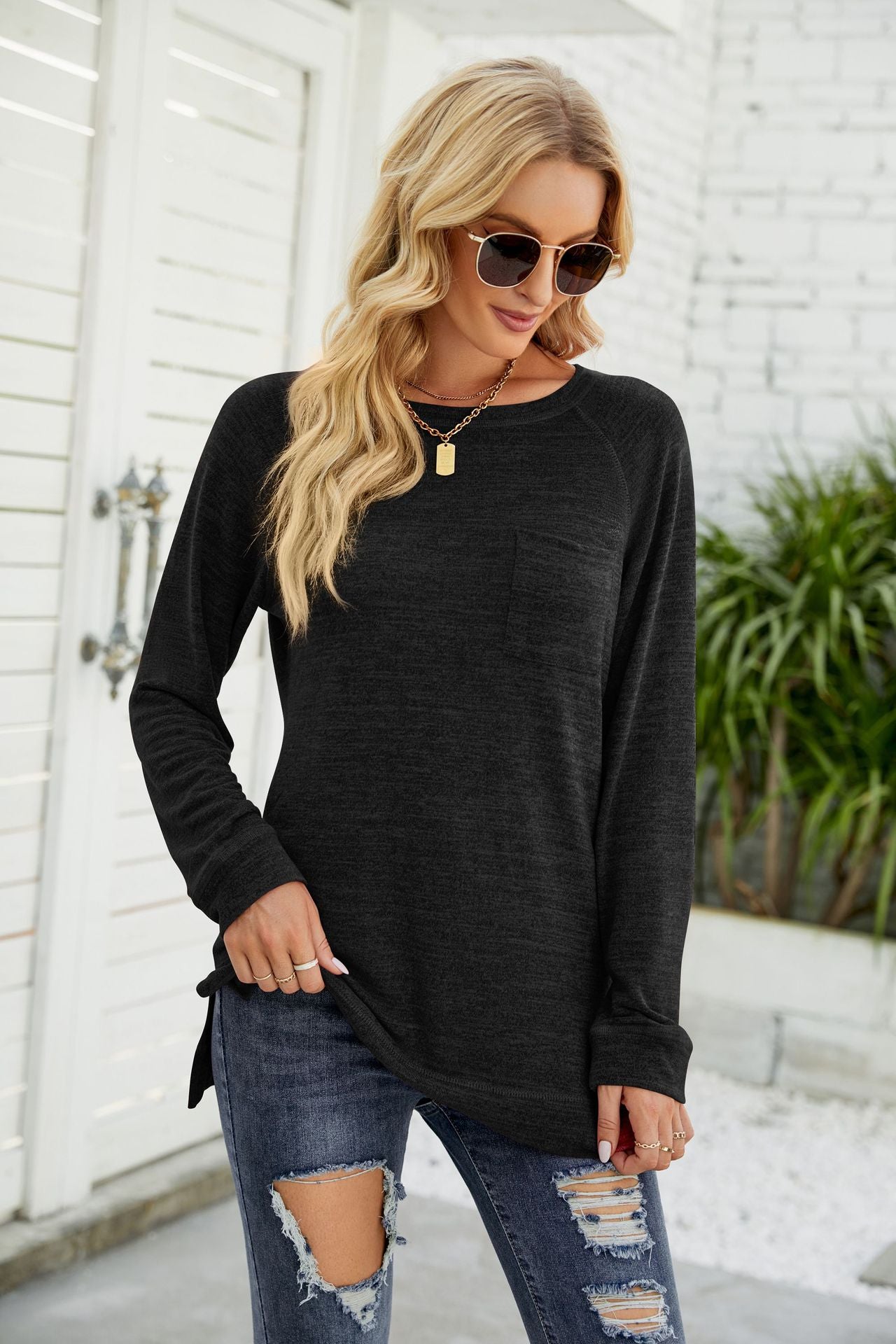 Heathered Slit Long Raglan Sleeve Top