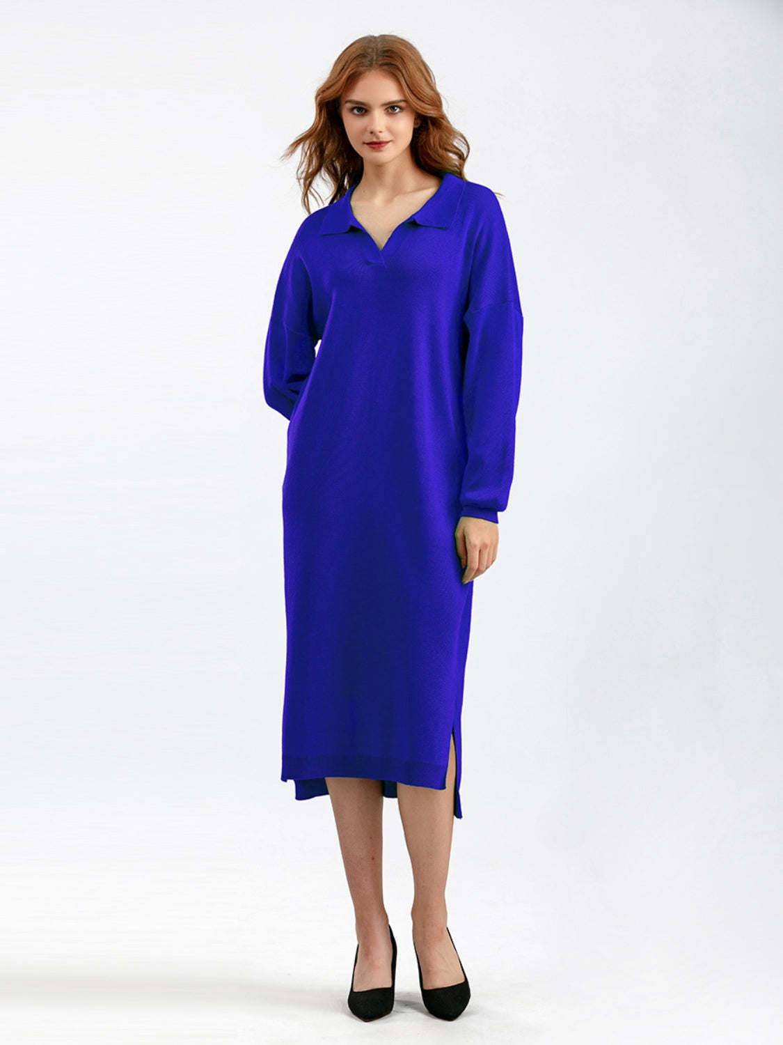 Johnny Collar Long Sleeve Slit Sweater Dress