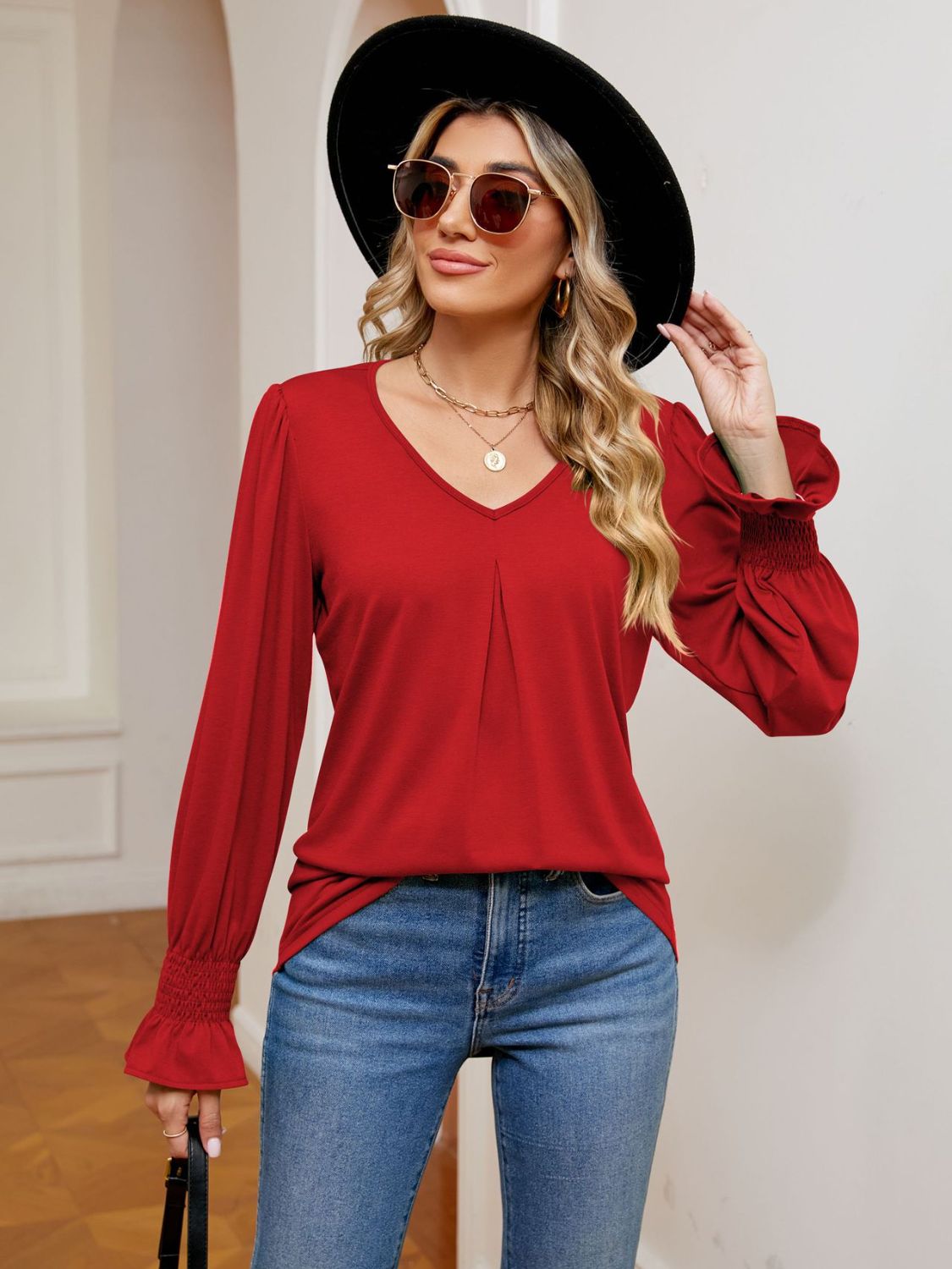 V-Neck Flounce Sleeve Blouse