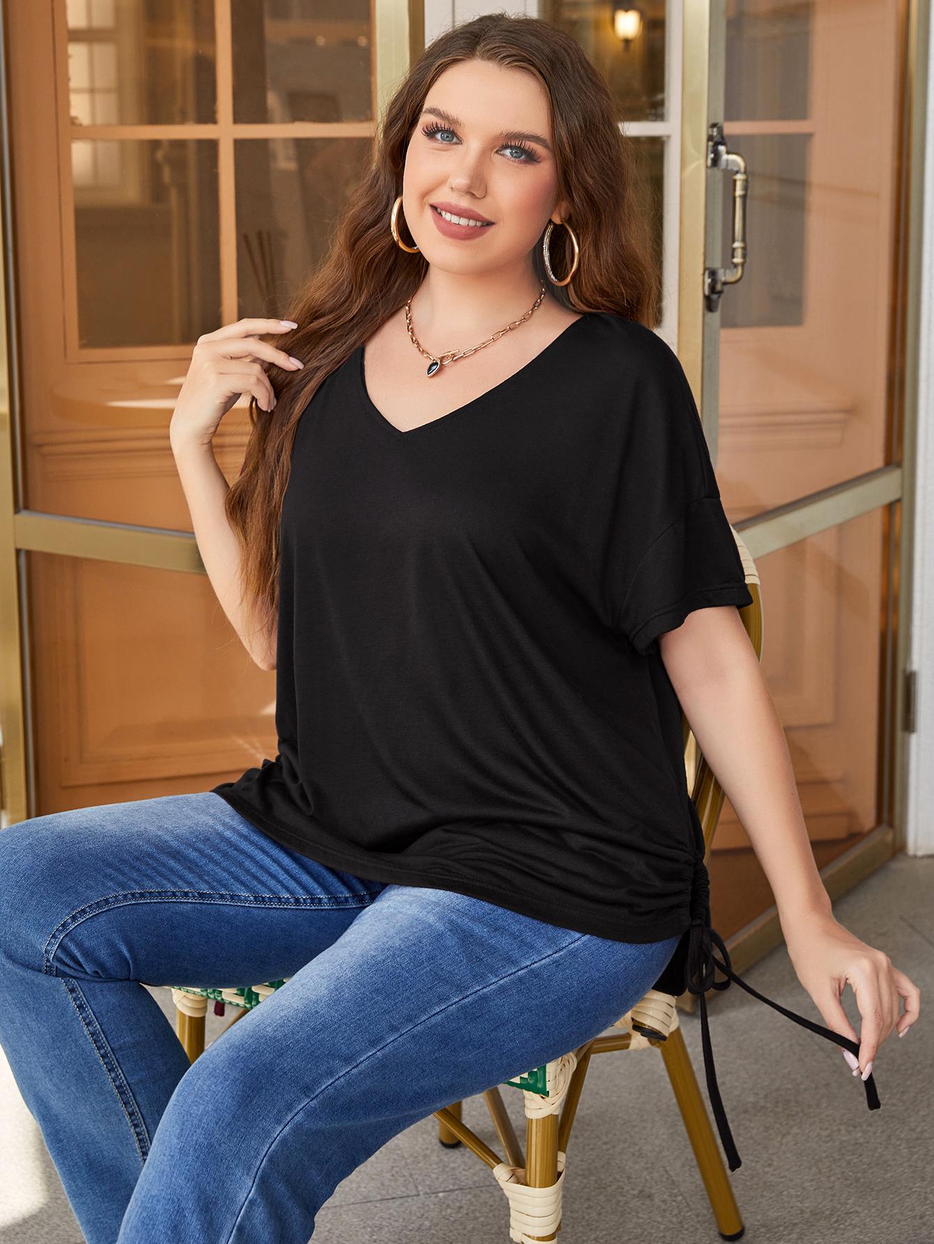 Plus Size Drawstring V-Neck Short Sleeve Blouse