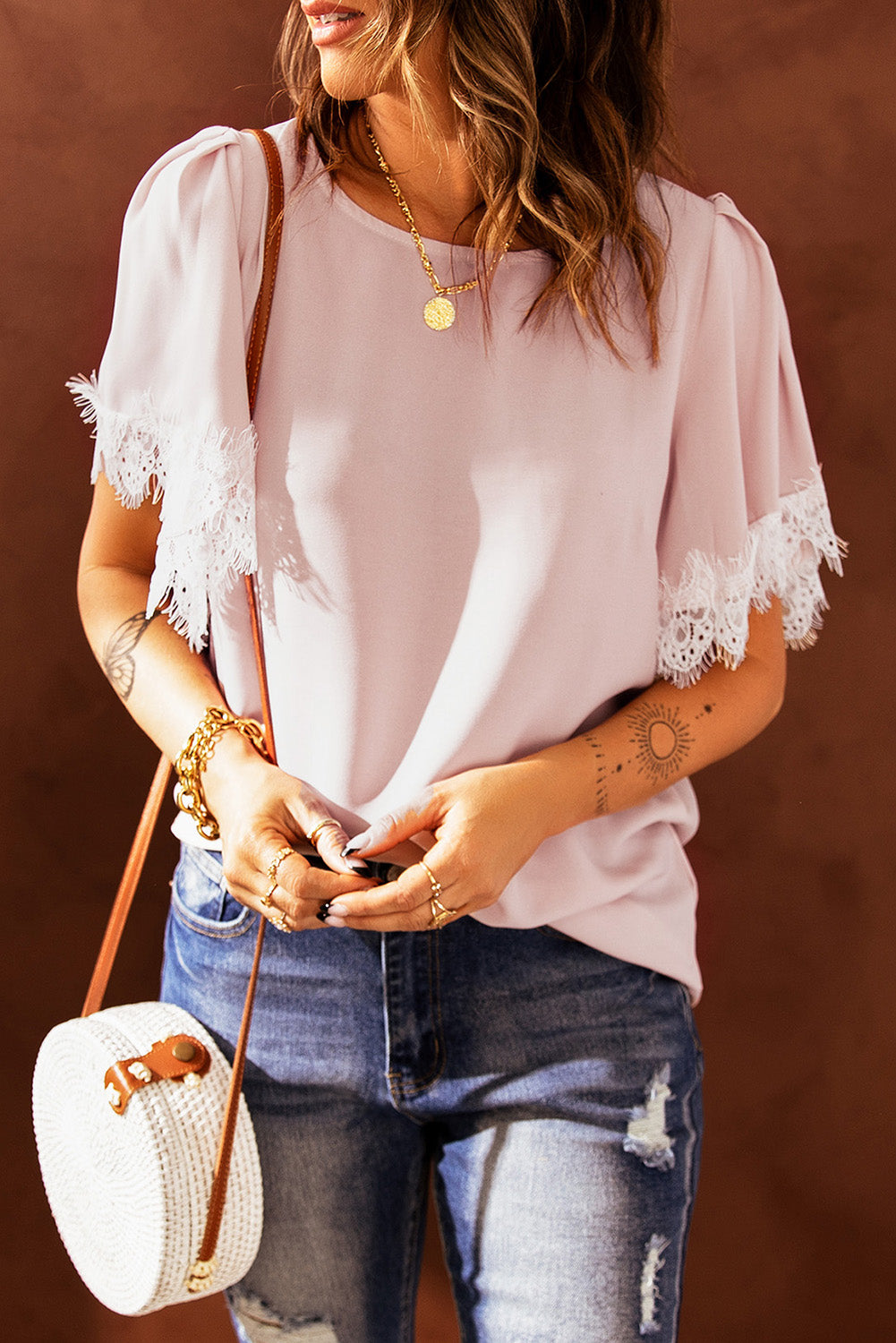 Lace Trim Flutter Sleeve Blouse