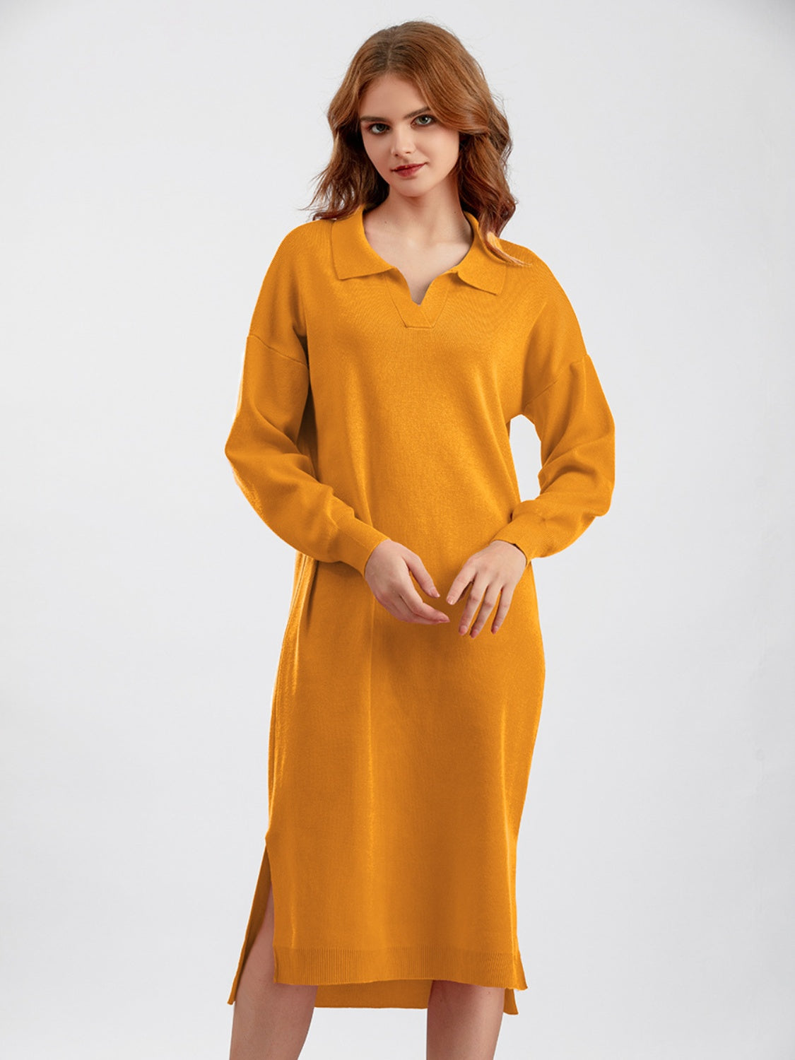 Johnny Collar Long Sleeve Slit Sweater Dress