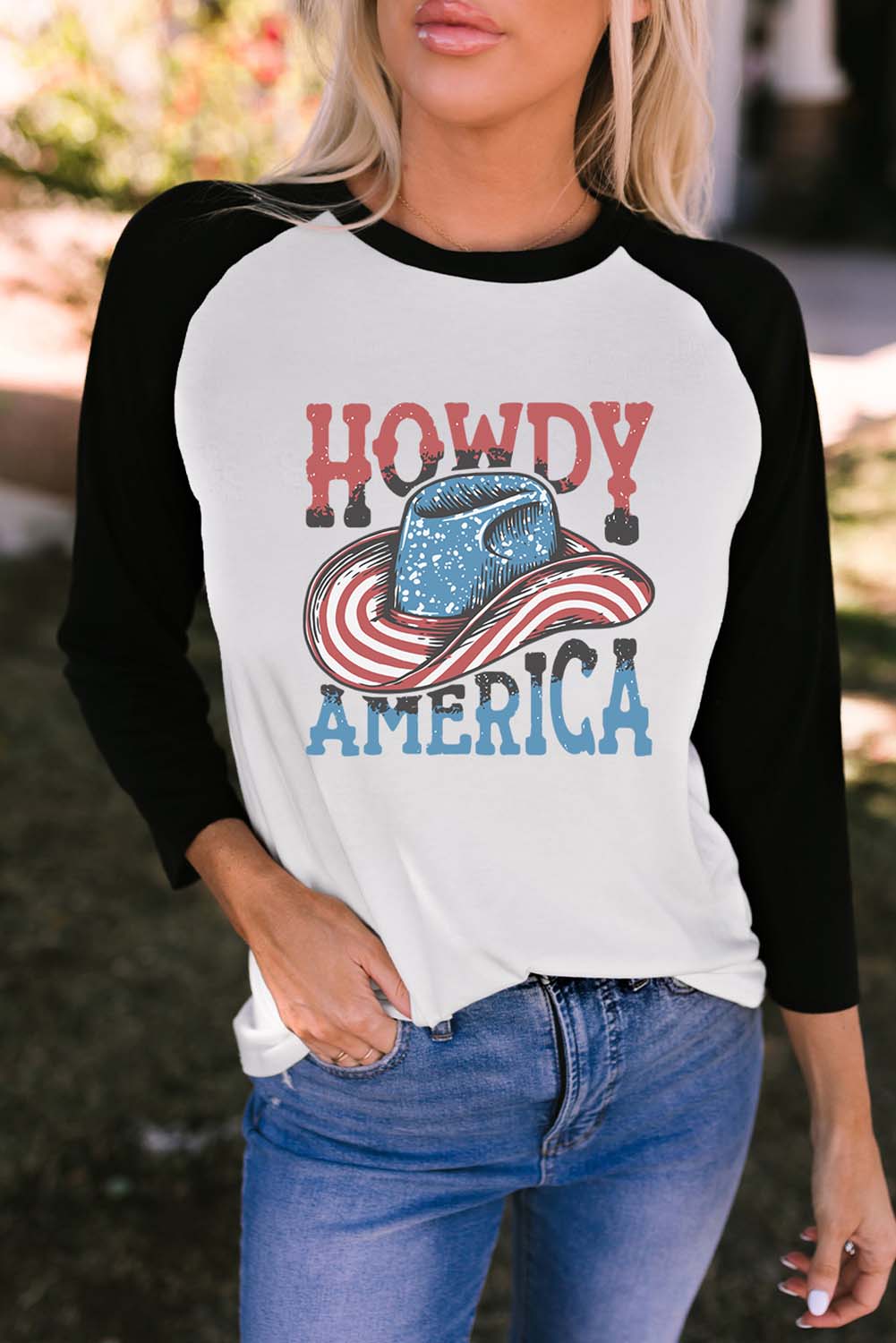 Raglan Sleeve Round Neck HOWDY AMERICA Graphic Tee