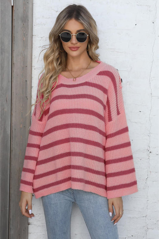 Round Neck Dropped Shoulder Striped Sweater