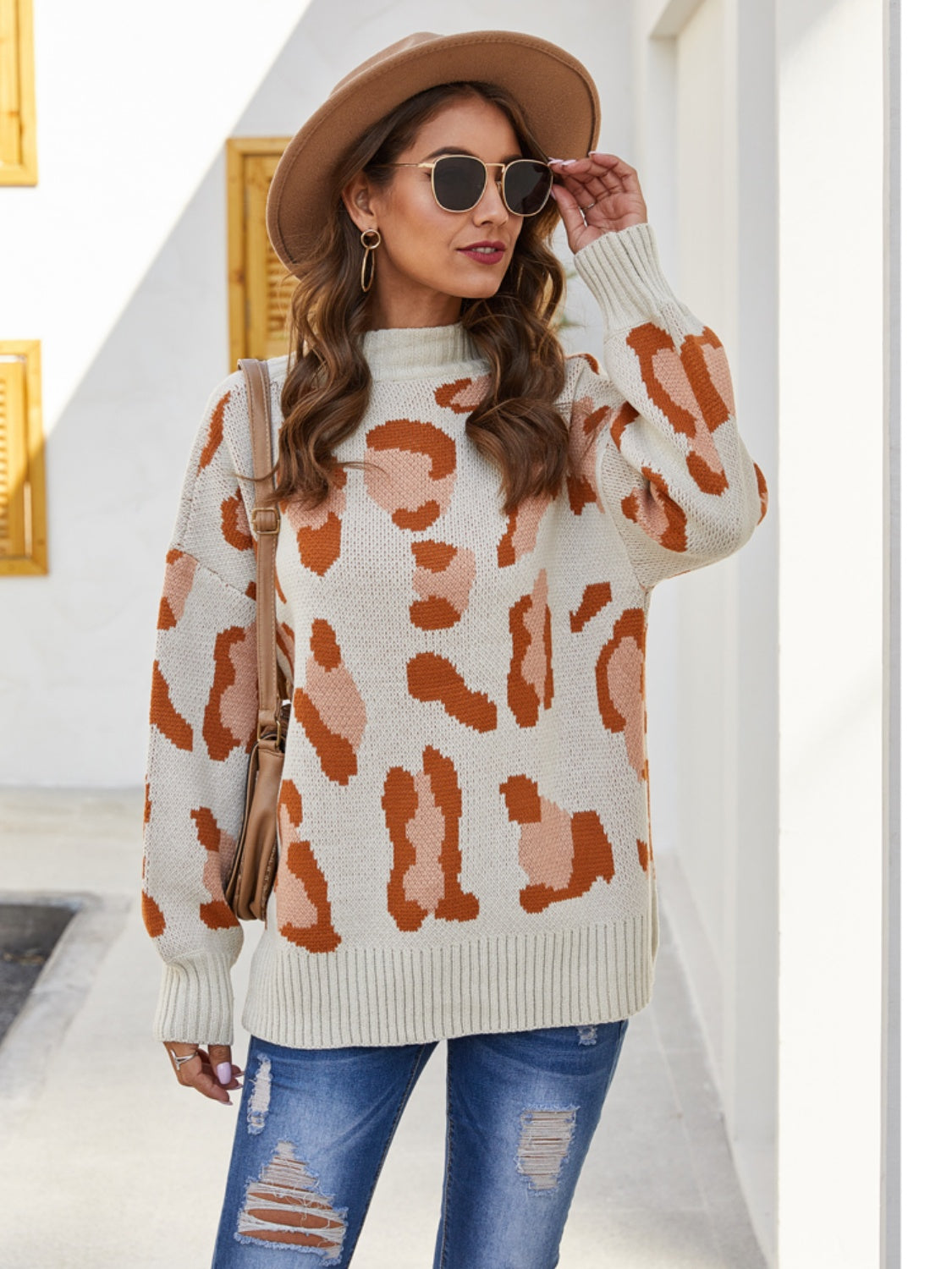 Leopard Mock Neck Dropped Shoulder Sweater