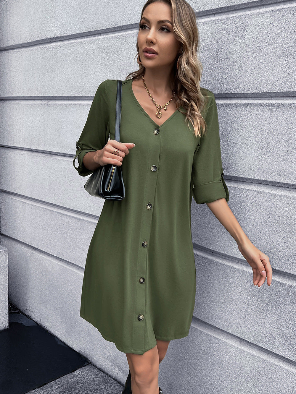 Button Down V-Neck Mini Dress