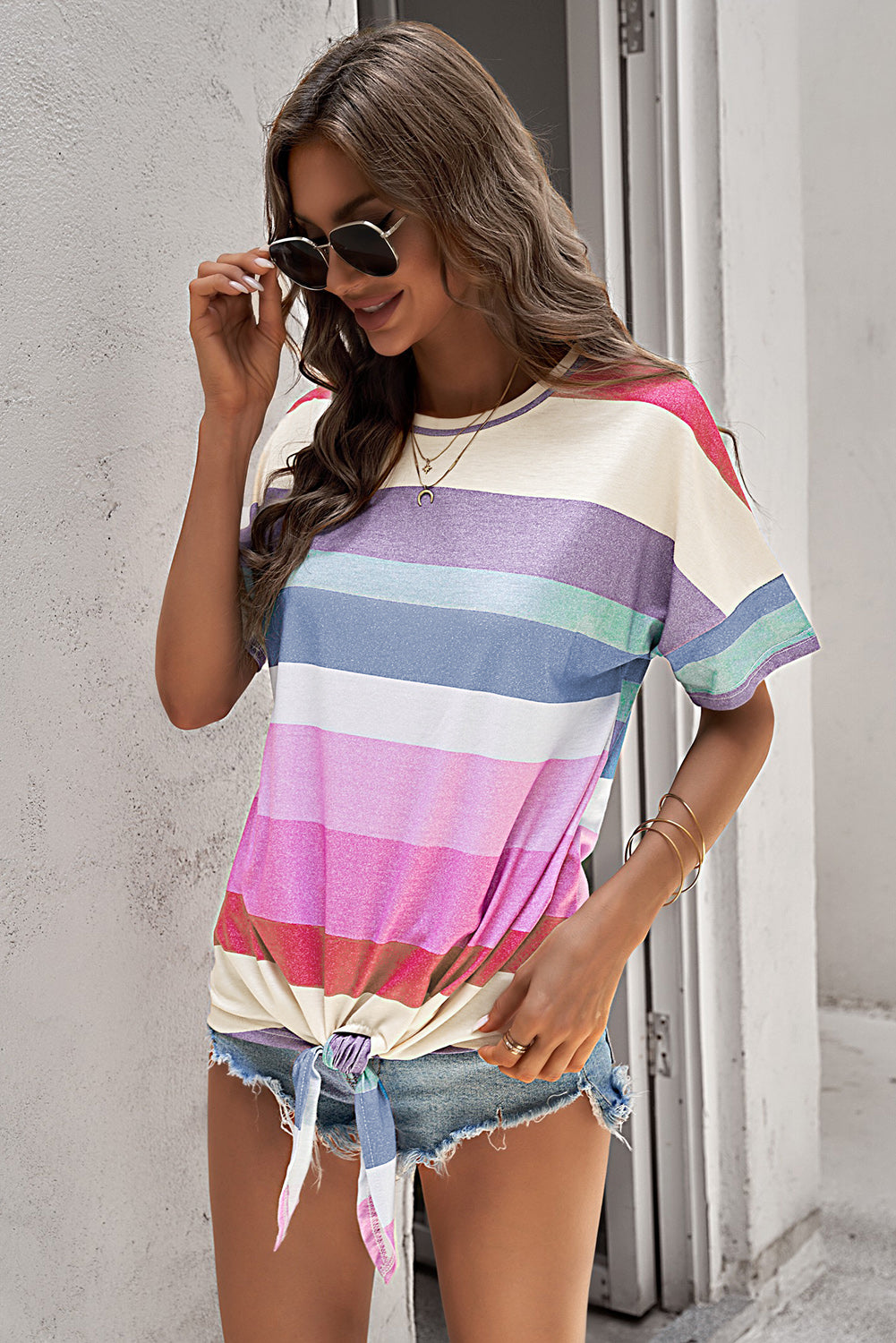 Rainbow Stripe Tie-Front Tee Shirt