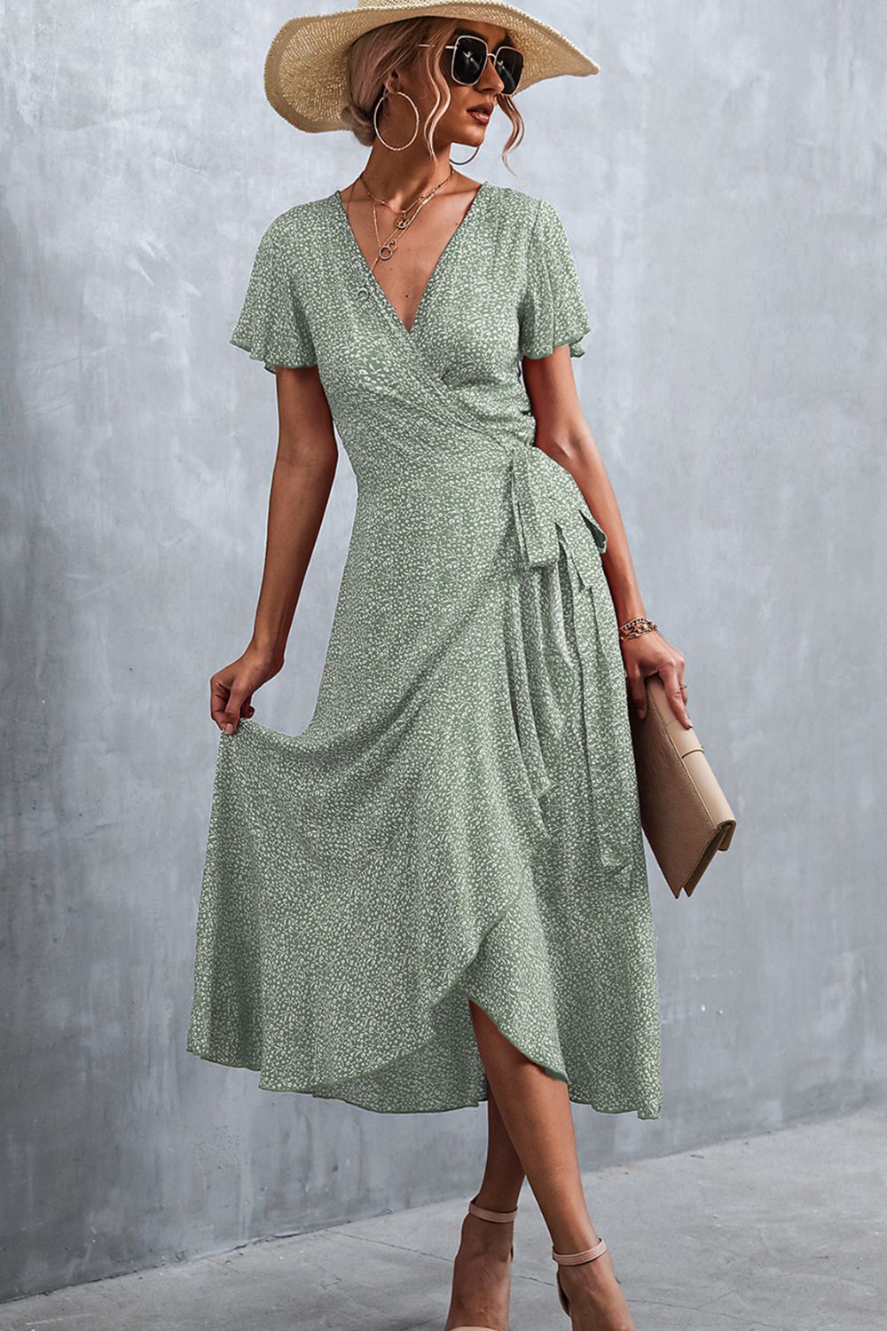 Floral Surplice Neck Tied Midi Dress