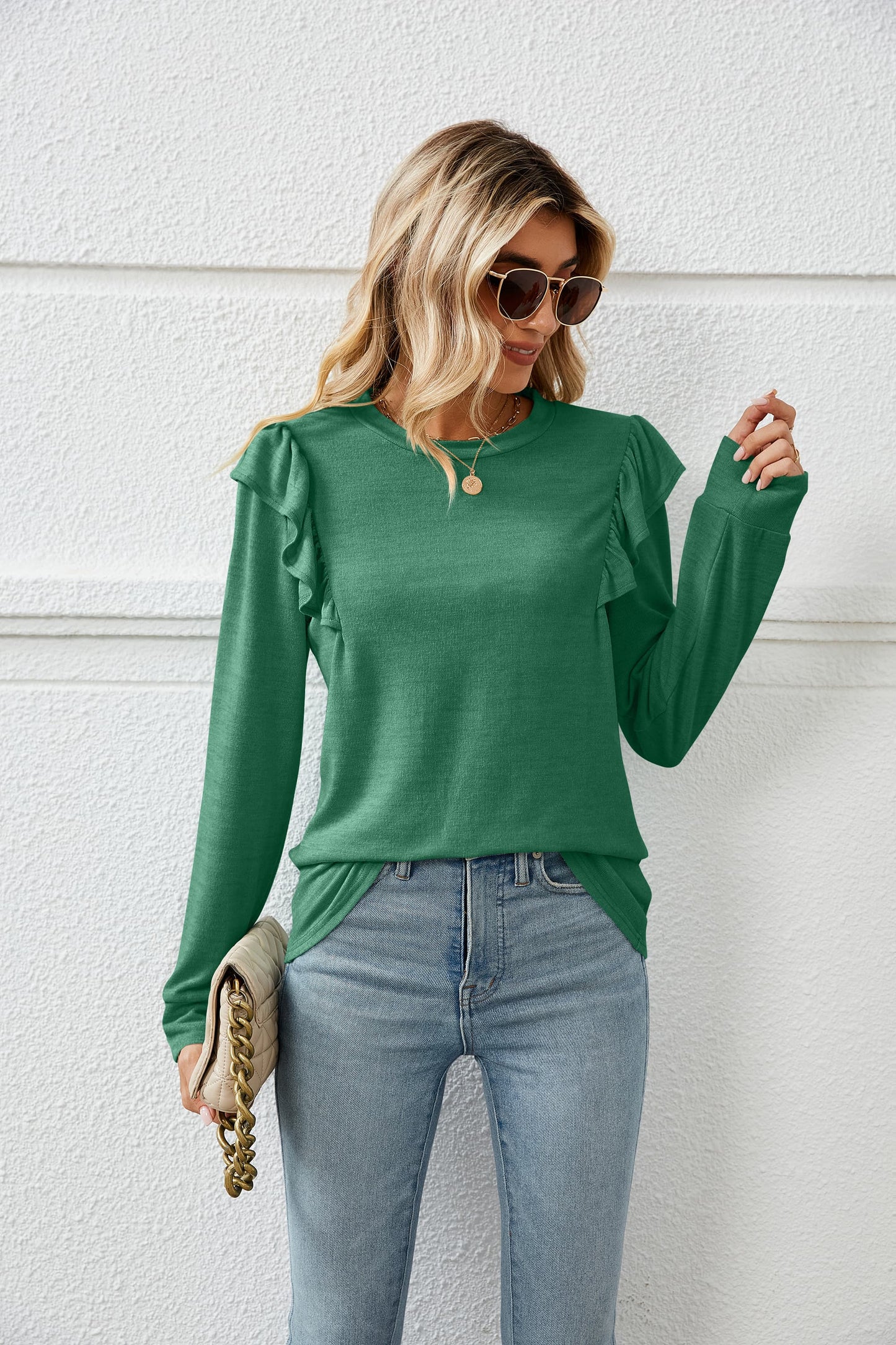 Ruffle Shoulder Long Sleeve T-Shirt