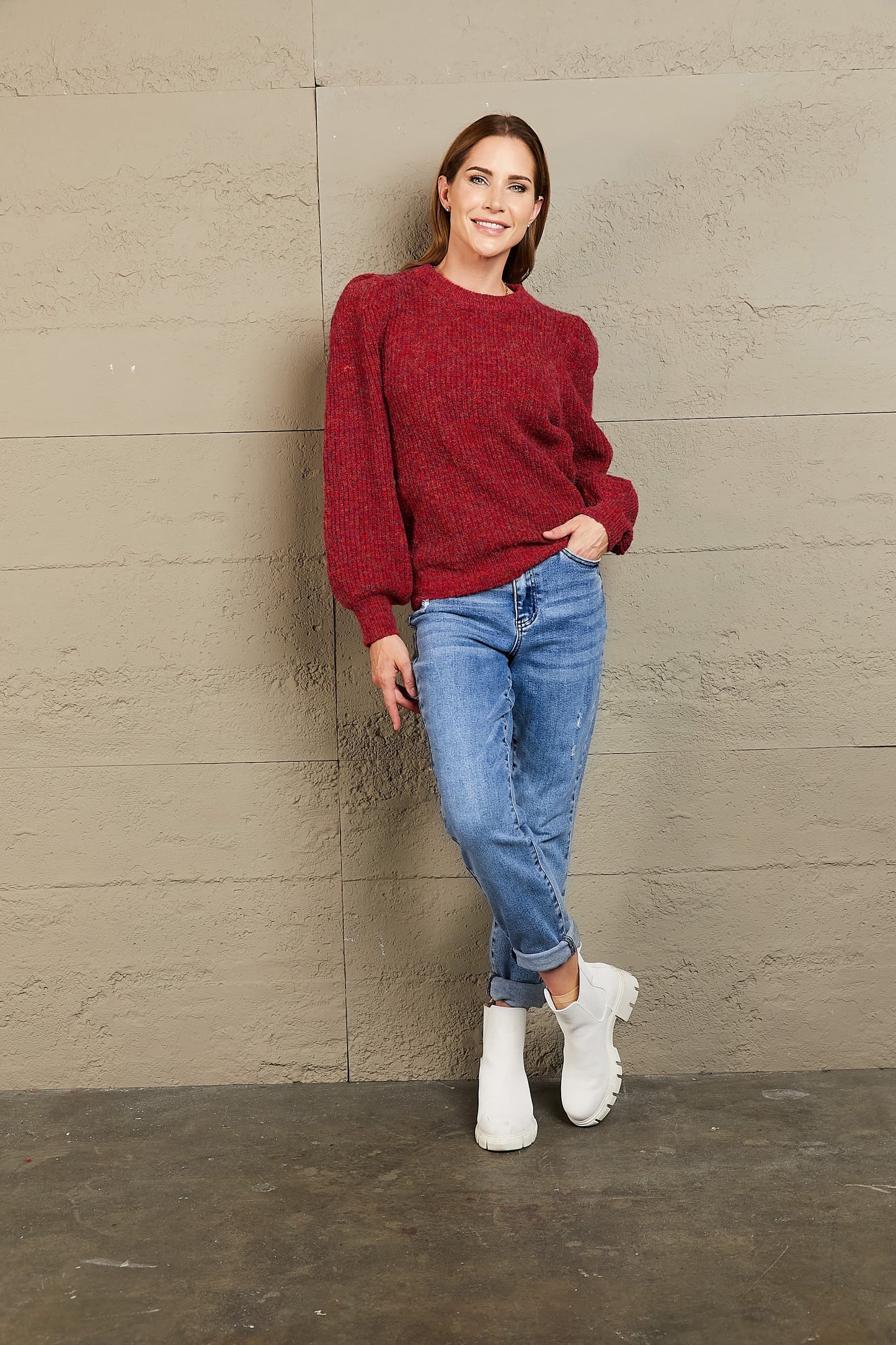 Woven Right Heathered Long Lantern Sleeve Rib-Knit Sweater