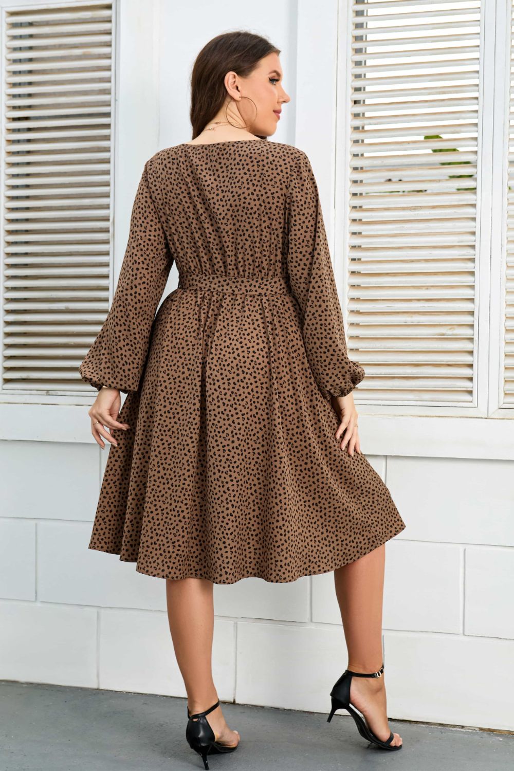 Plus Size Printed V-Neck Balloon Sleeve Tie Waist Dress