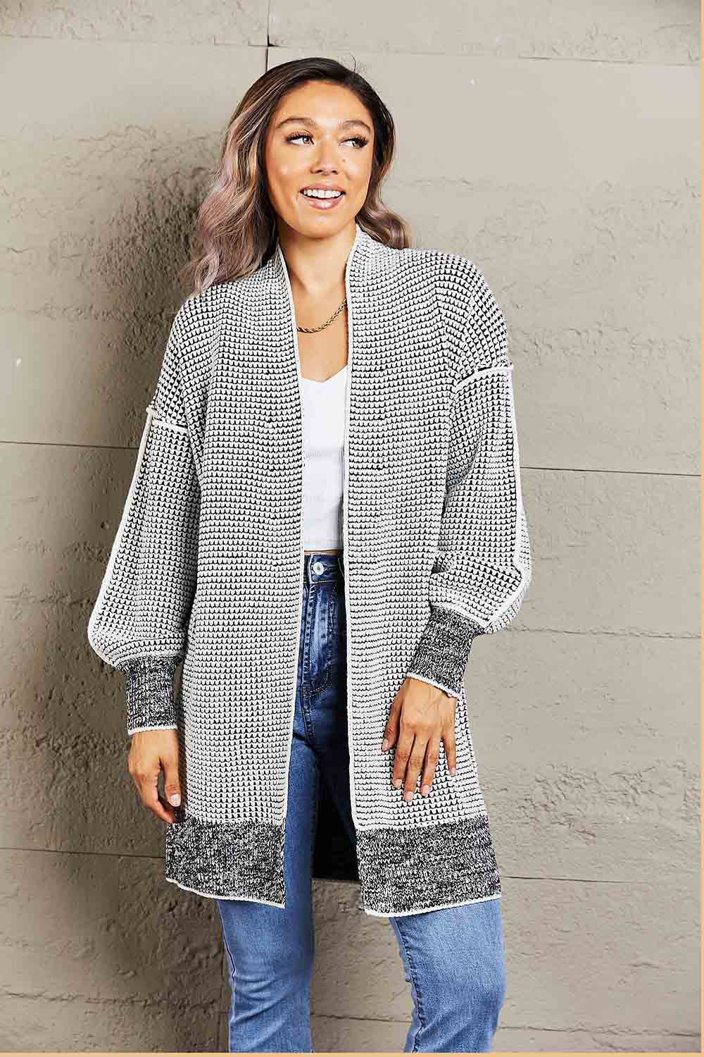 Woven Right Heathered Open Front Longline Cardigan