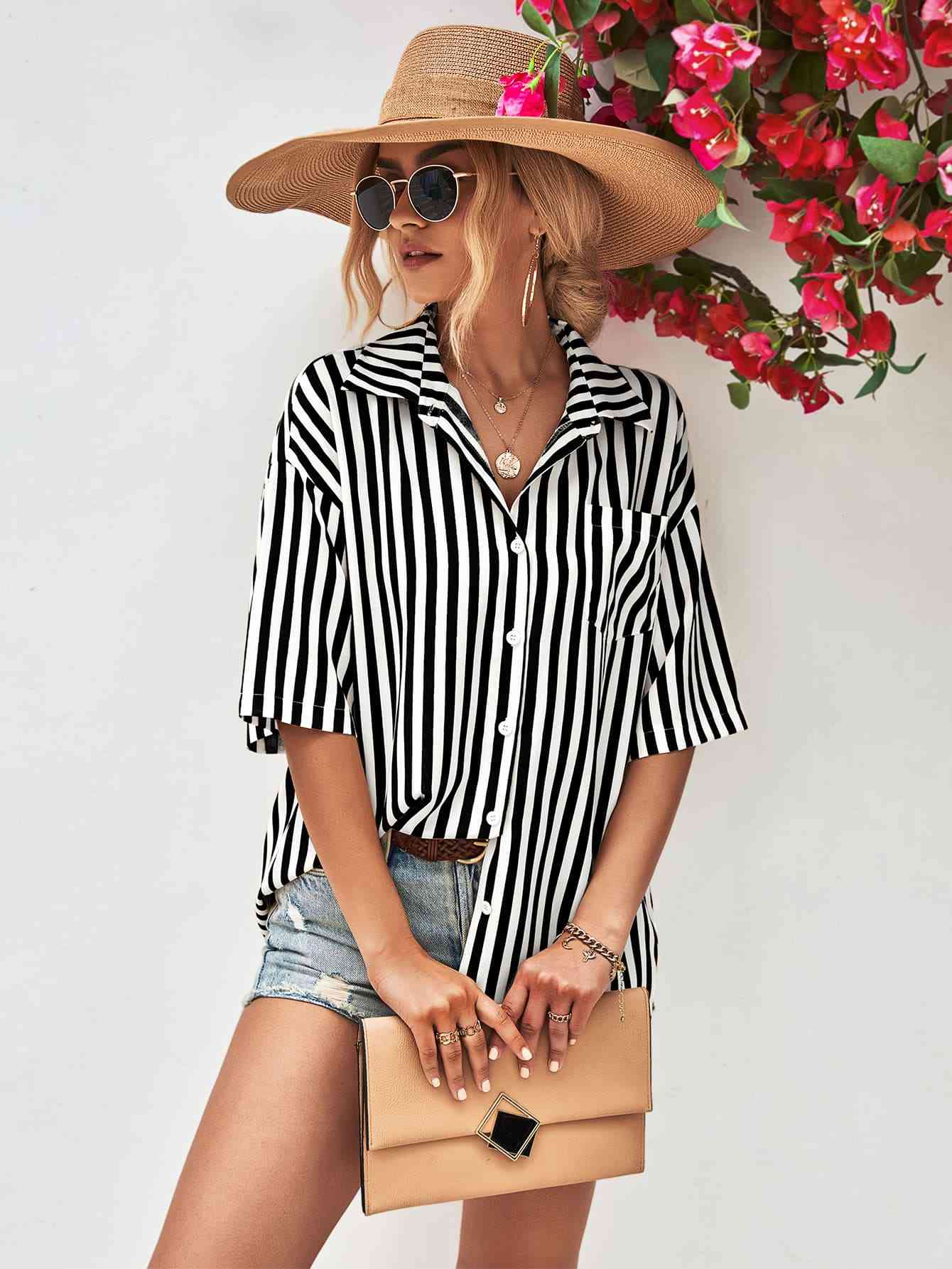 Striped Dropped Shoulder Half Sleeve Shirt