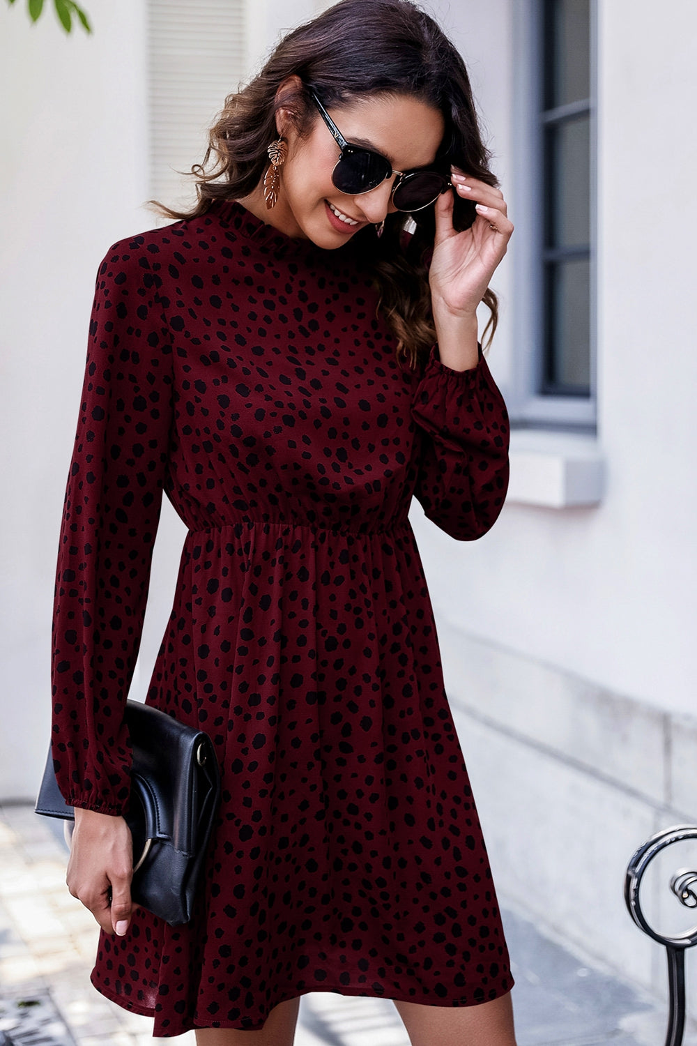 Printed Mock Neck Long Sleeve Midi Dress