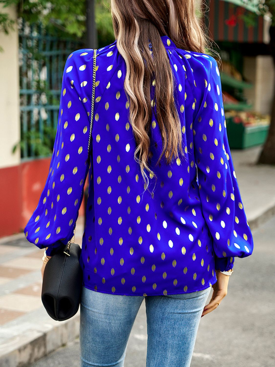 Mock Neck Cutout Lantern Sleeve Blouse