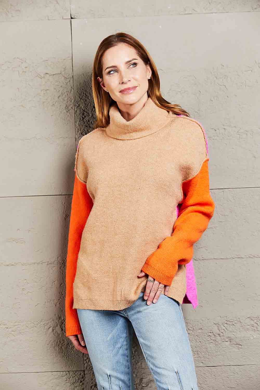 Double Take Color Block Turtleneck Slit Sweater