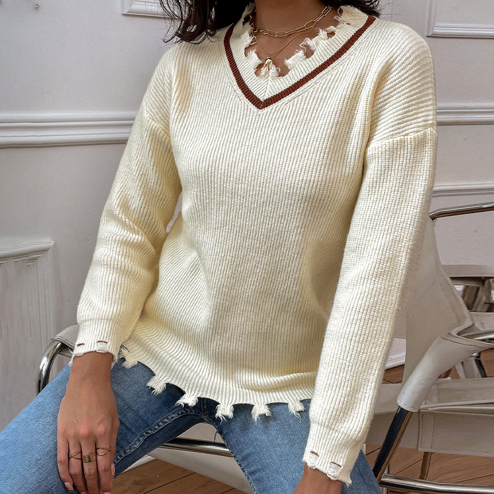 Frayed Detail V-Neck Sweater