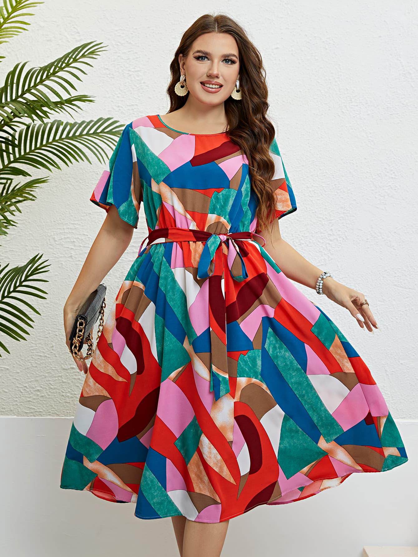 Plus Size Printed Round Neck Tie Belt Dress