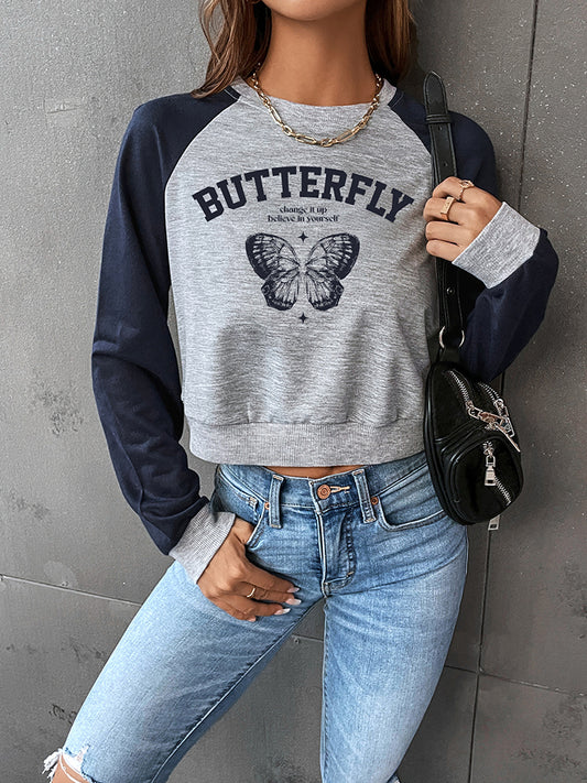 Round Neck Raglan Sleeve Butterfly Graphic Sweatshirt