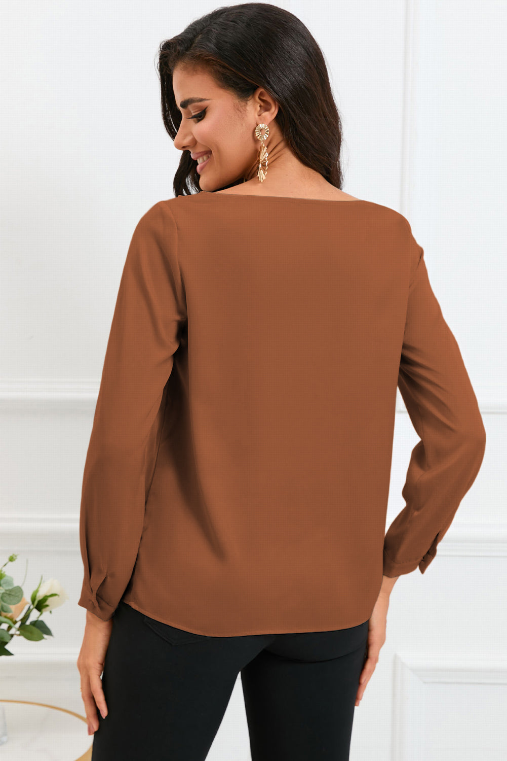 Surplice Neck Long Sleeve Satin Blouse