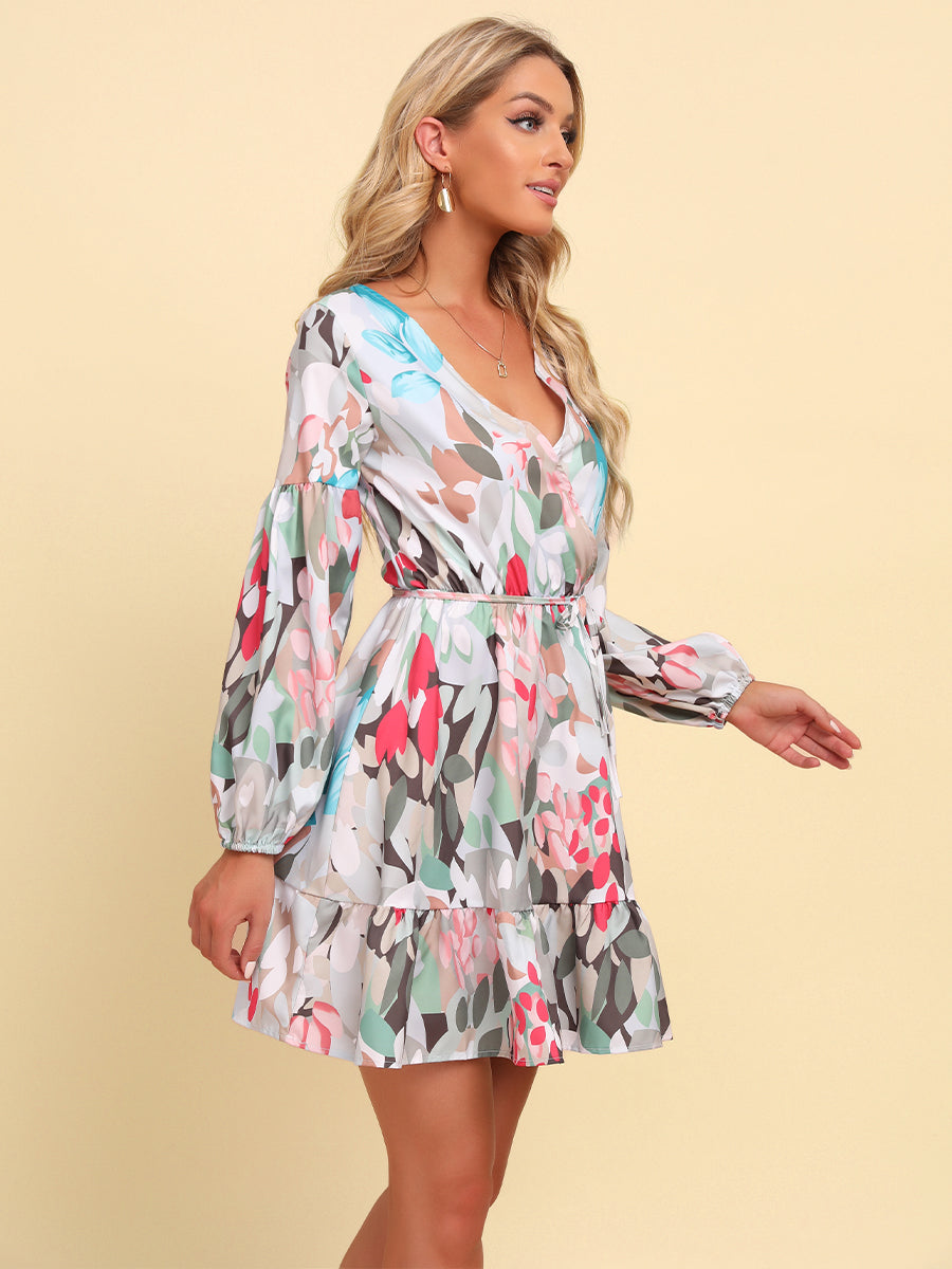 Printed Tie-Waist Puff Sleeve Surplice Dress