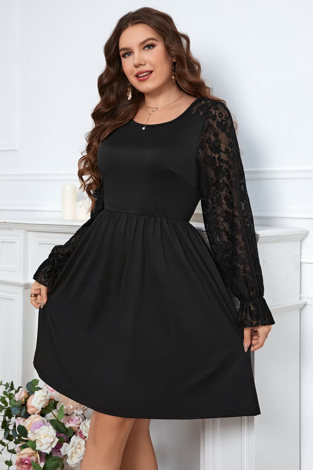 Melo Apparel Plus Size Lace Trim Round Neck Flounce Sleeve Dress