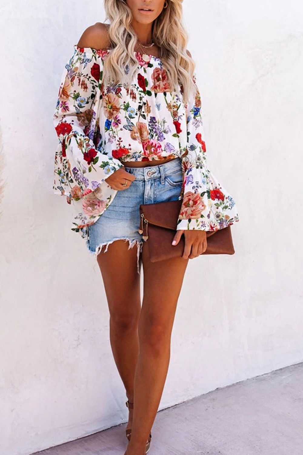 Printed Off Shoulder Flare Sleeve Blouse