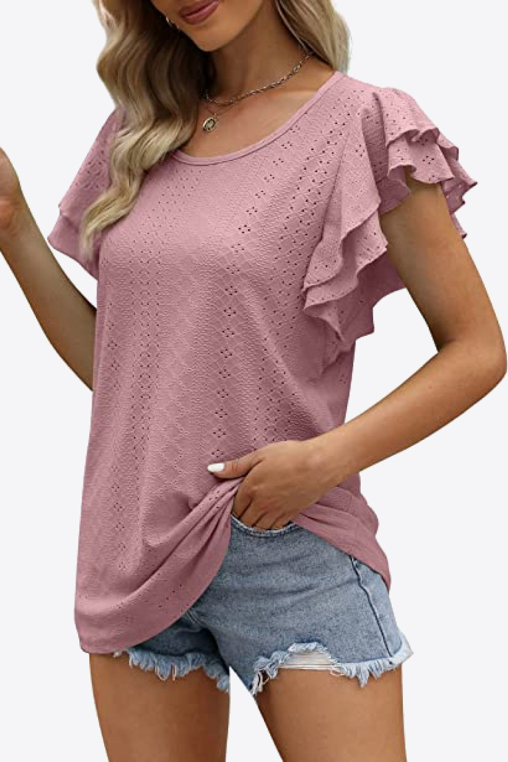 Round Neck Layered Flutter Sleeve Blouse