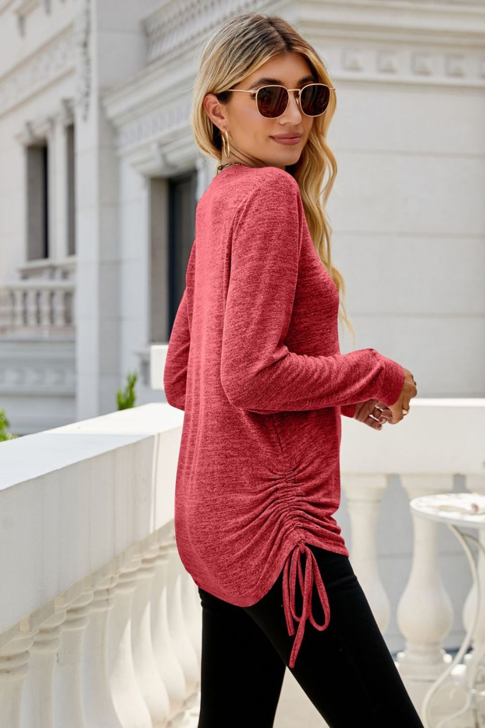 Heathered Drawstring V-Neck Top