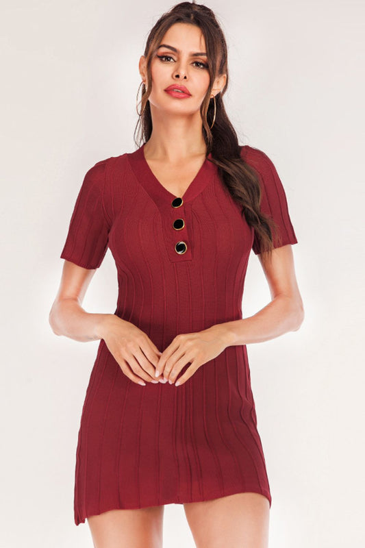 Buttoned Short Sleeve V-Neck Knit Dress