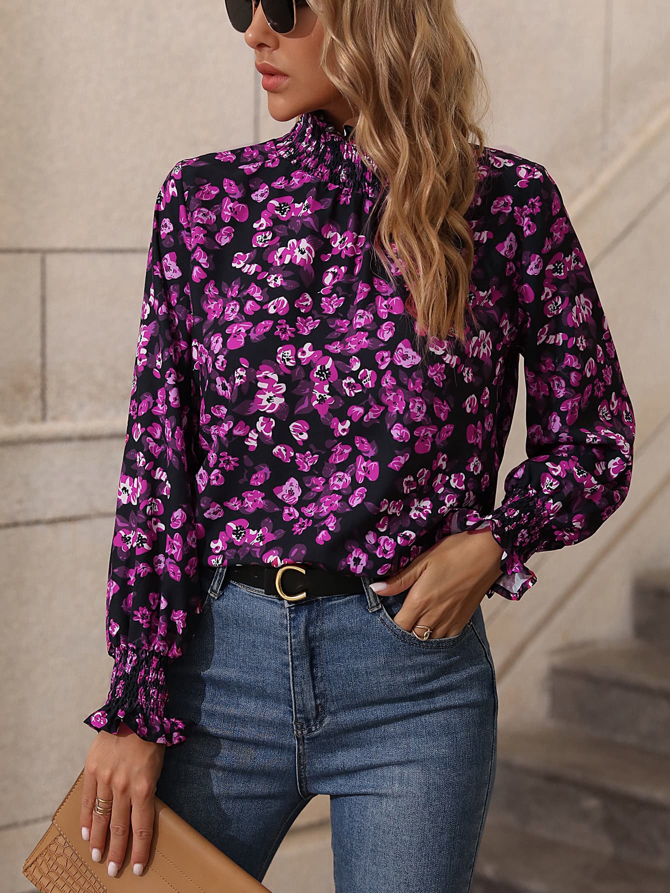 Floral Smocked Frill Neck Blouse