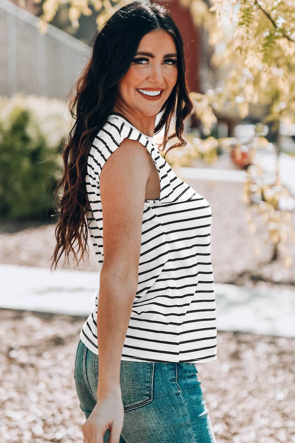 Striped Round Neck Capped Sleeve Top